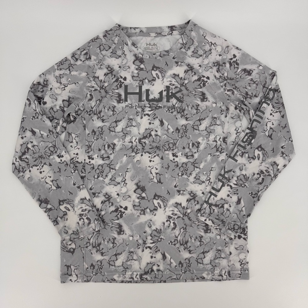 Huk Youth Pursuit Performance Long Sleeve Crew Shirt Flat Fins Harbor Gray Large